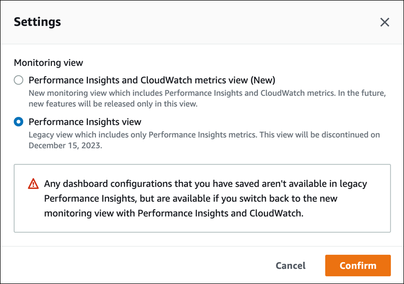 
                        Window with the option for the legacy Performance Insights view.
                    