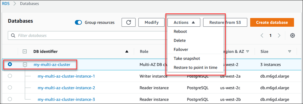 
				Multi-AZ DB cluster actions in the AWS Management Console
			