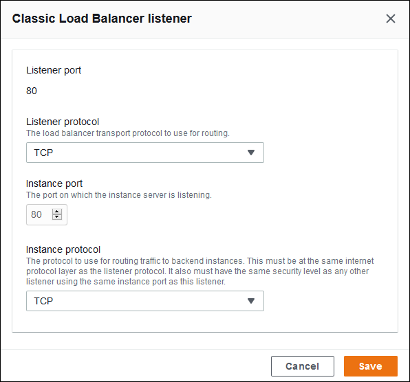
          Classic Load Balancer configuration - changing the default listener's protocol to TCP
        