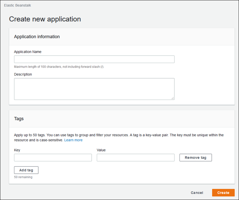 
        Create new application dialog box shows tags for a new application in the Elastic Beanstalk console
      