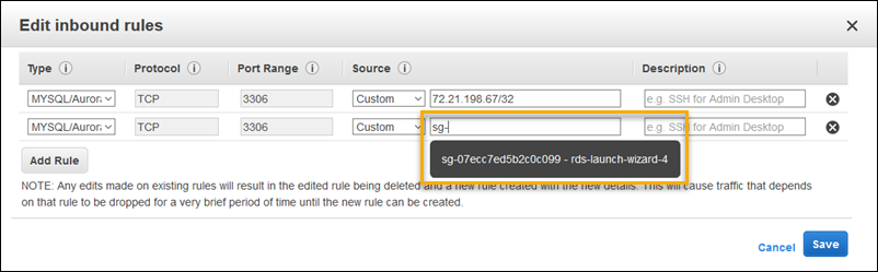 
        Edit the inbound rules for a security group in the Amazon EC2 console
      