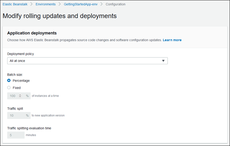
            Application deployments section in the modify rolling updates and deployments configuration page
          
