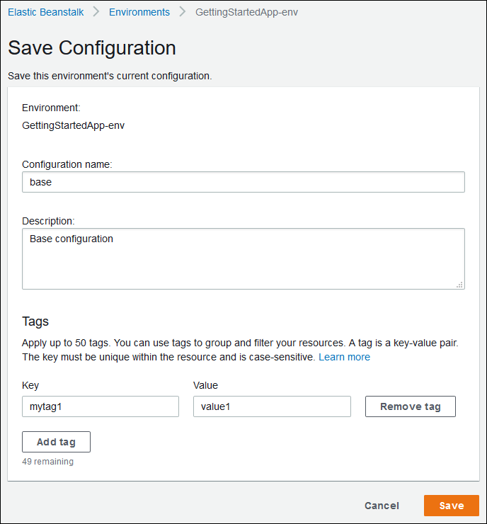 
          Save Configuration page on the Elastic Beanstalk console
        