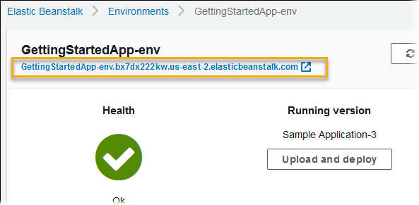 
      Environment URL with CNAME showing on the environment overview page in the Elastic Beanstalk console
    