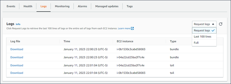 
              The environment logs page of the Elastic Beanstalk console
            