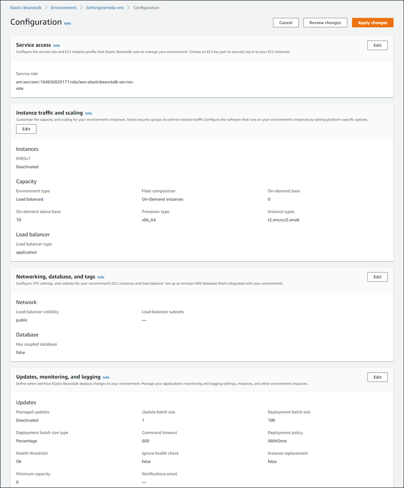 
              Table view of the configuration overview page of the Elastic Beanstalk console
            