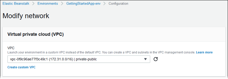 
          VPC section in the Modify network configuration page on the Elastic Beanstalk console
        