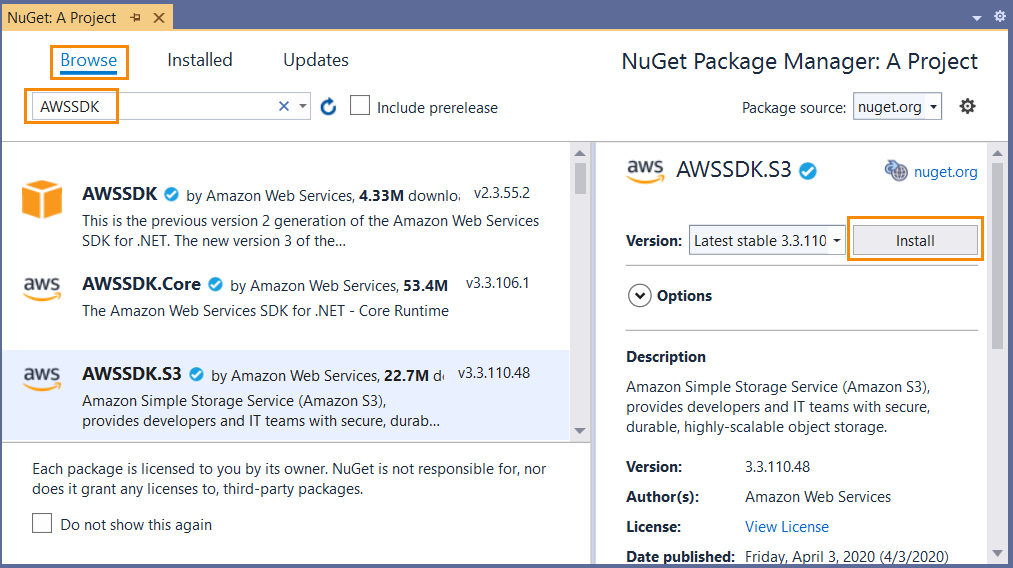 
            AWSSDK.S3 package shown in NuGet Packages Manager.
          