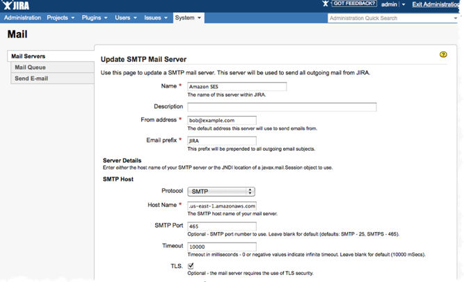 
                    SMTP email configuration for JIRA
                